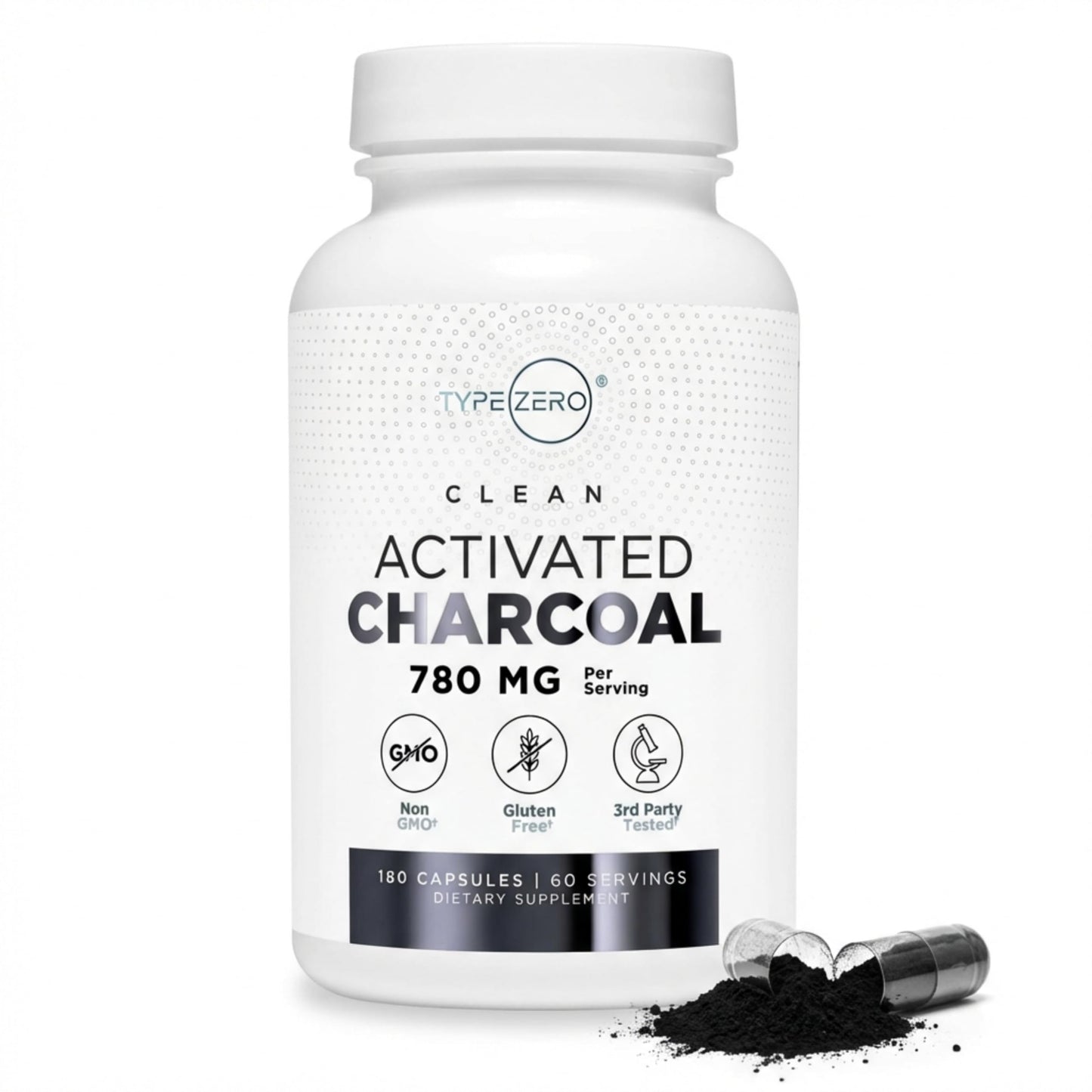 Type Zero Activated Charcoal Capsules (180 Count) - 60 Servings, 780mg Per Serving, from Coconut Shell, Non-GMO, Gluten-Free Type Zero