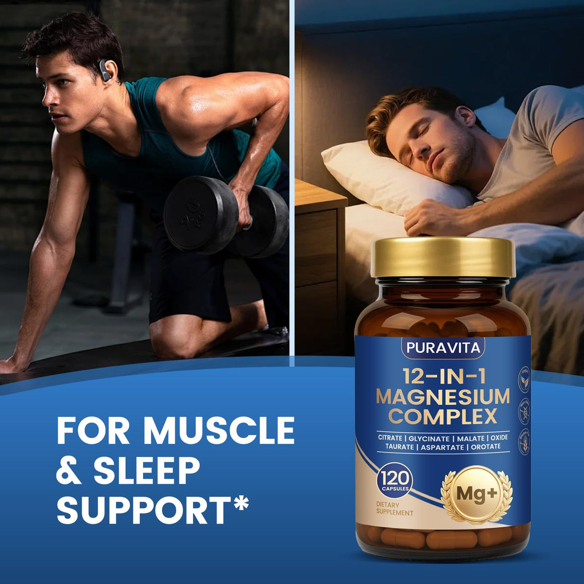 Puravita Magnesium Complex - Puravita 12 in 1 Magnesium Supplement with Glycinate, Citrate, Malate, Oxide, Taurat & More for Muscle, Nerve & Sleep Support, 120 Count PURAVITA