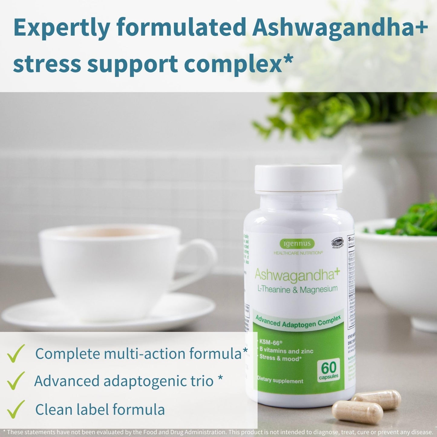 Igennus High Strength Ashwagandha, Magnesium, & L-Theanine Stress Relief Complex, KSM-66 Root Extract Adaptogens, Boosted with Methylfolate, Zinc & Biotin Clean Label, 60 Fast Acting Capsules Igennus Healthcare Nutrition