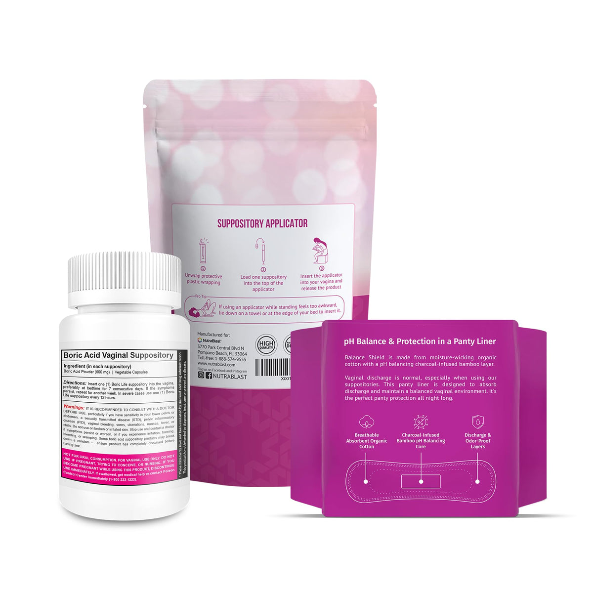 NutraBlast Boric Acid Suppositories 600mg (30 Count) Bundle with Disposable Applicators (15-Pack) and Balance Shield Panty Liners (180mm, 20-Pack) NutraBlast