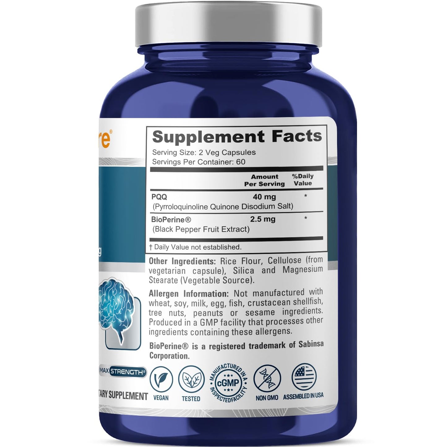 NusaPure PQQ Supplement 40 mg, 120 Veggie Capsules, Non-GMO, Pyrroloquinoline Quinone Disodium Salt, Bioperine & Vegan NusaPure