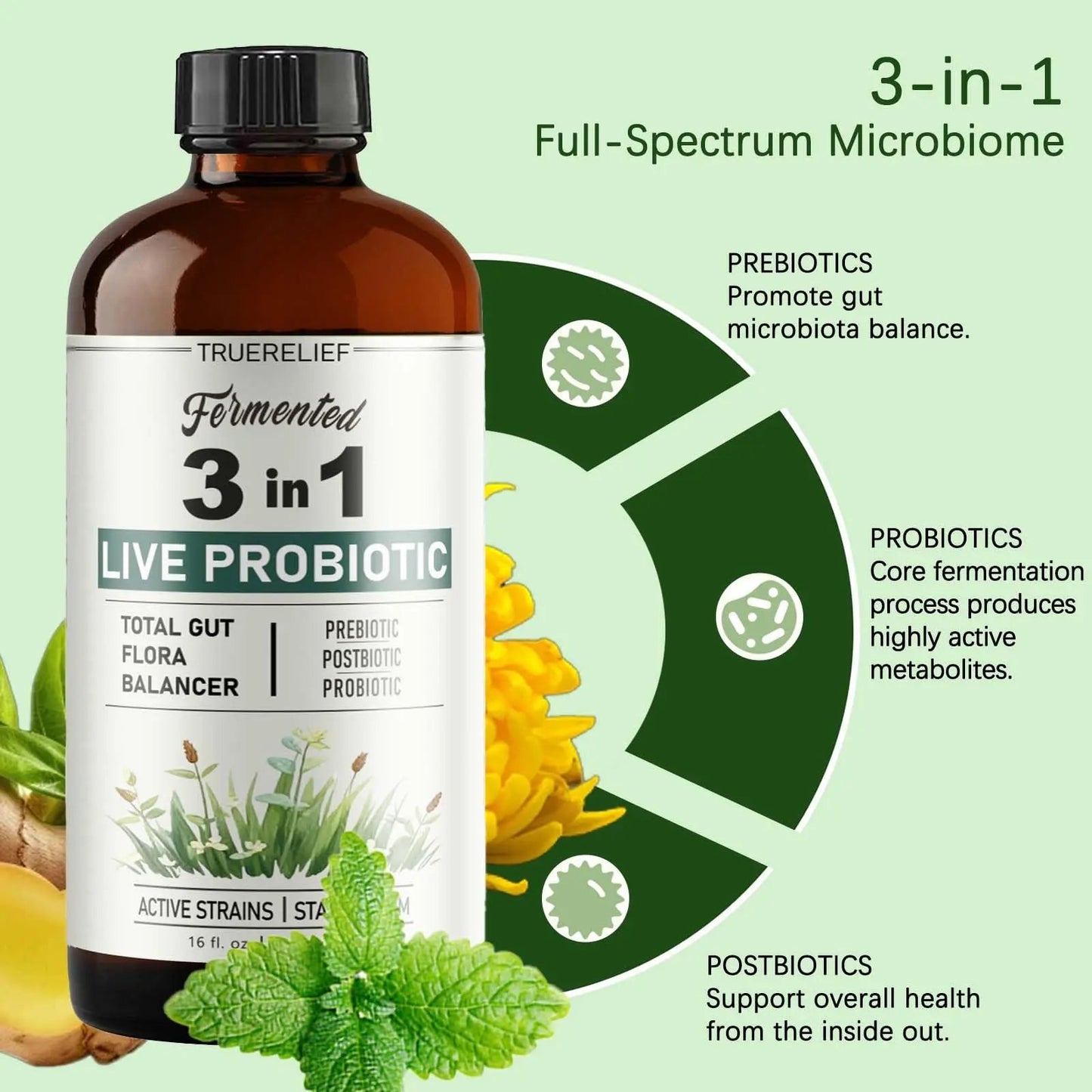 TRUERELIEF Women's Daily Probiotic + Prebiotic + Postbiotic Liquid, 3-in-1 for Gut Health, 10 Strains & 18 Fermented Herbs (1) TRUERELIEF