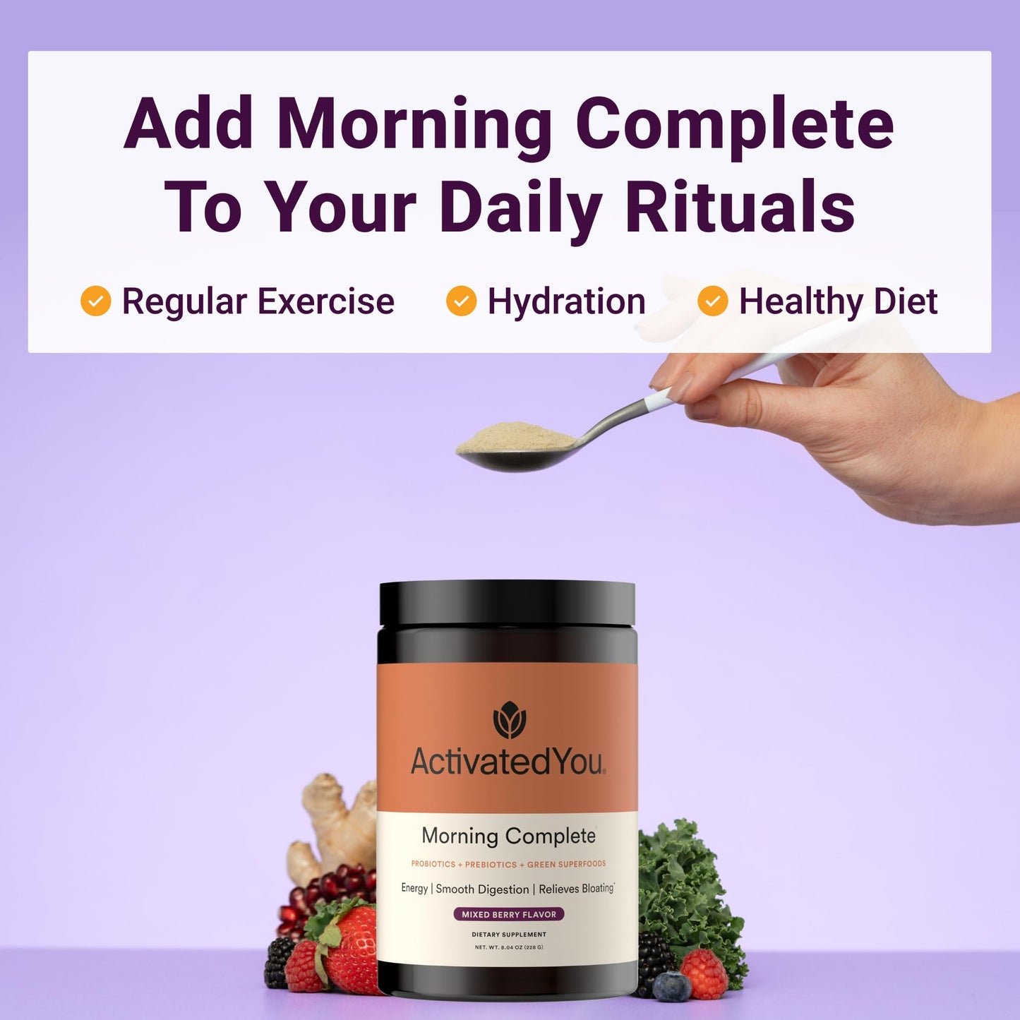 ActivatedYou Morning Complete Super Greens Powder Drink Mix - Gut Health Boost with Prebiotics, Probiotics, & Antioxidants - 10 Billion CFUs, Mixed Berry Flavor ACTIVATEDYOU