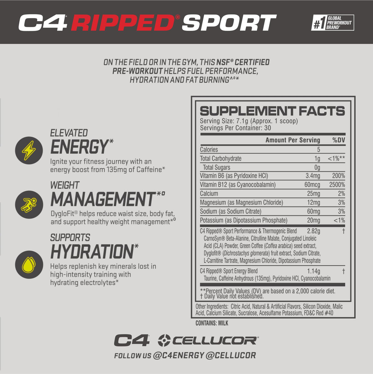 C4 Ripped Sport Pre Workout Powder Fruit Punch - NSF Certified for Sport + Sugar Free Cellucor