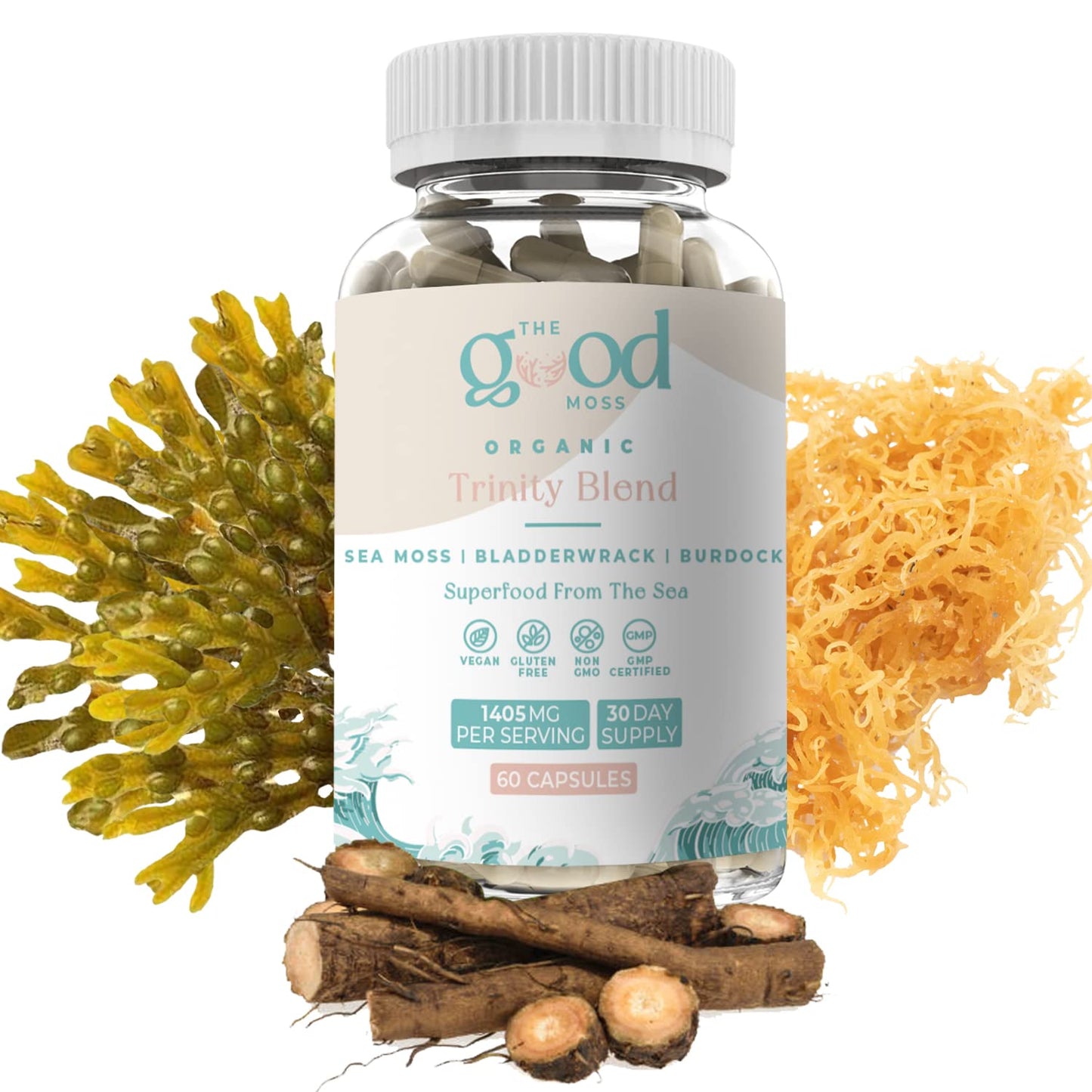 Trinity Blend Superfood -Sea Moss, Bladderwrack and Burdock Root Supplement for Overall Health Support, Hair, Skin and Nails 60ct The Good Moss