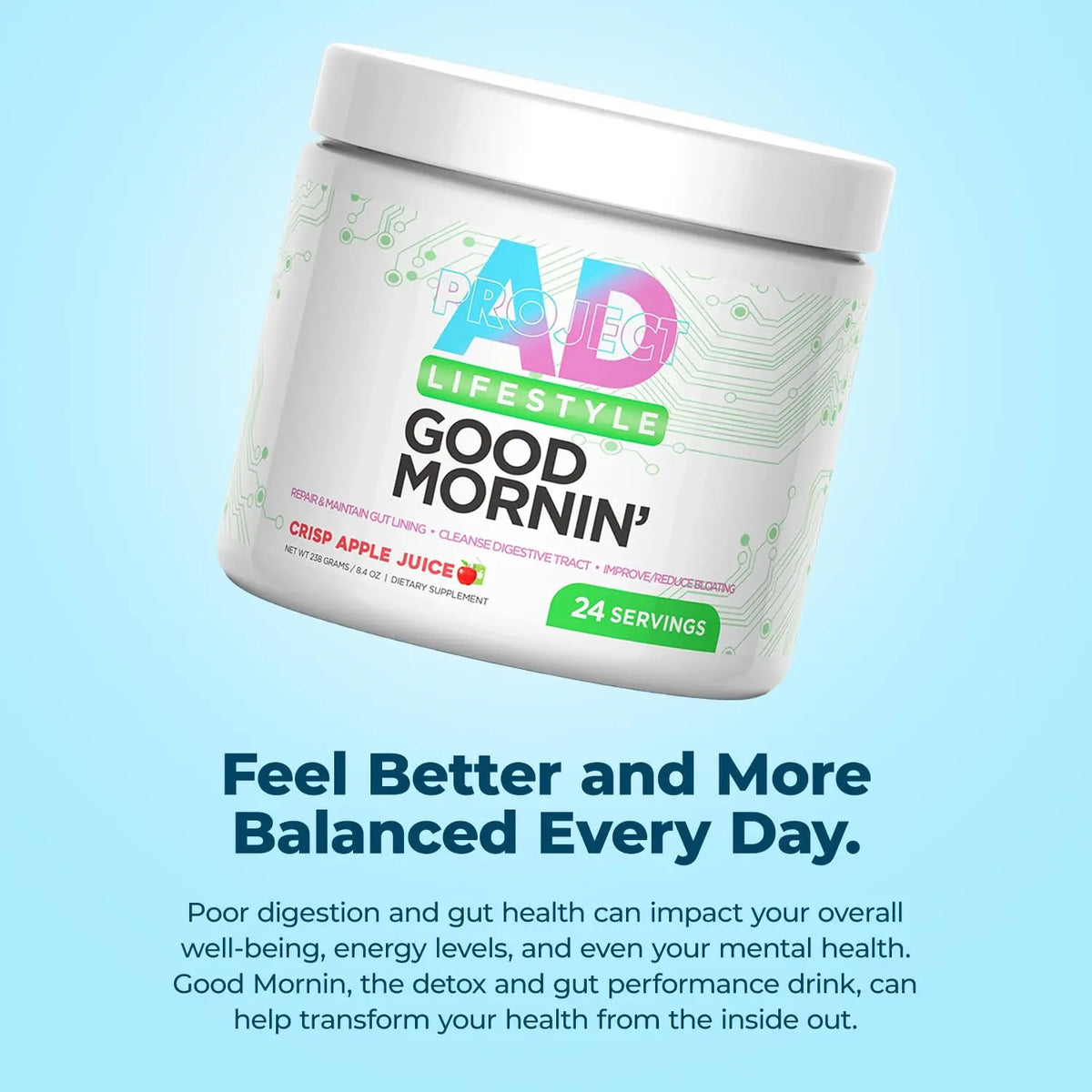 Project AD Life Good Morning Detox and Performance Drink, Naturally Flavored and Formulated with L-GLutamine, Apple Cider Vinegar, and Aloe Vera (24 Servings, Summer Fruits) PROJECT AD LLC