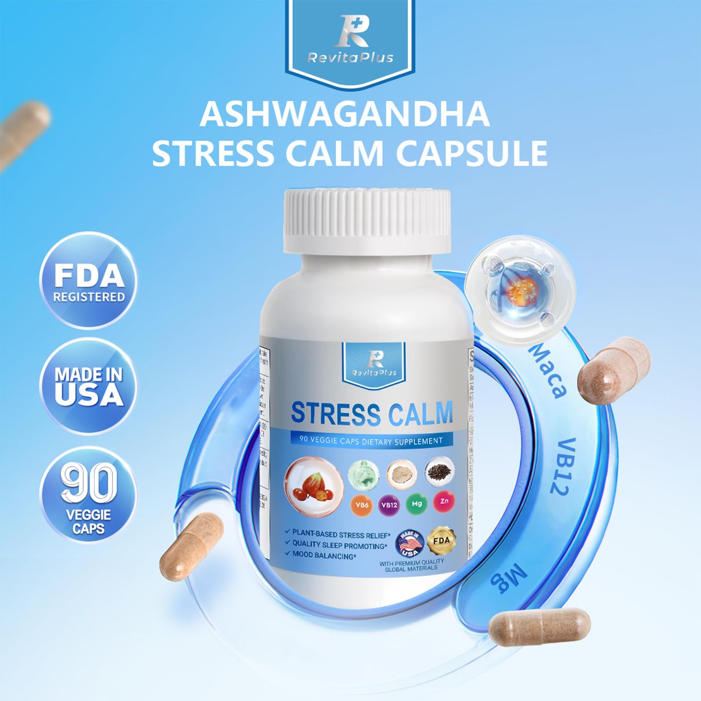 RevitaPlus 8-in-1 Ashwagandha Supplements with B12 B6 Magnesium Maca Zinc Folate, Cortisol Supplements for Women and Men Supports Stress Relief, Sleep, Energy, Focus(90 Capsules) RevitaPlus