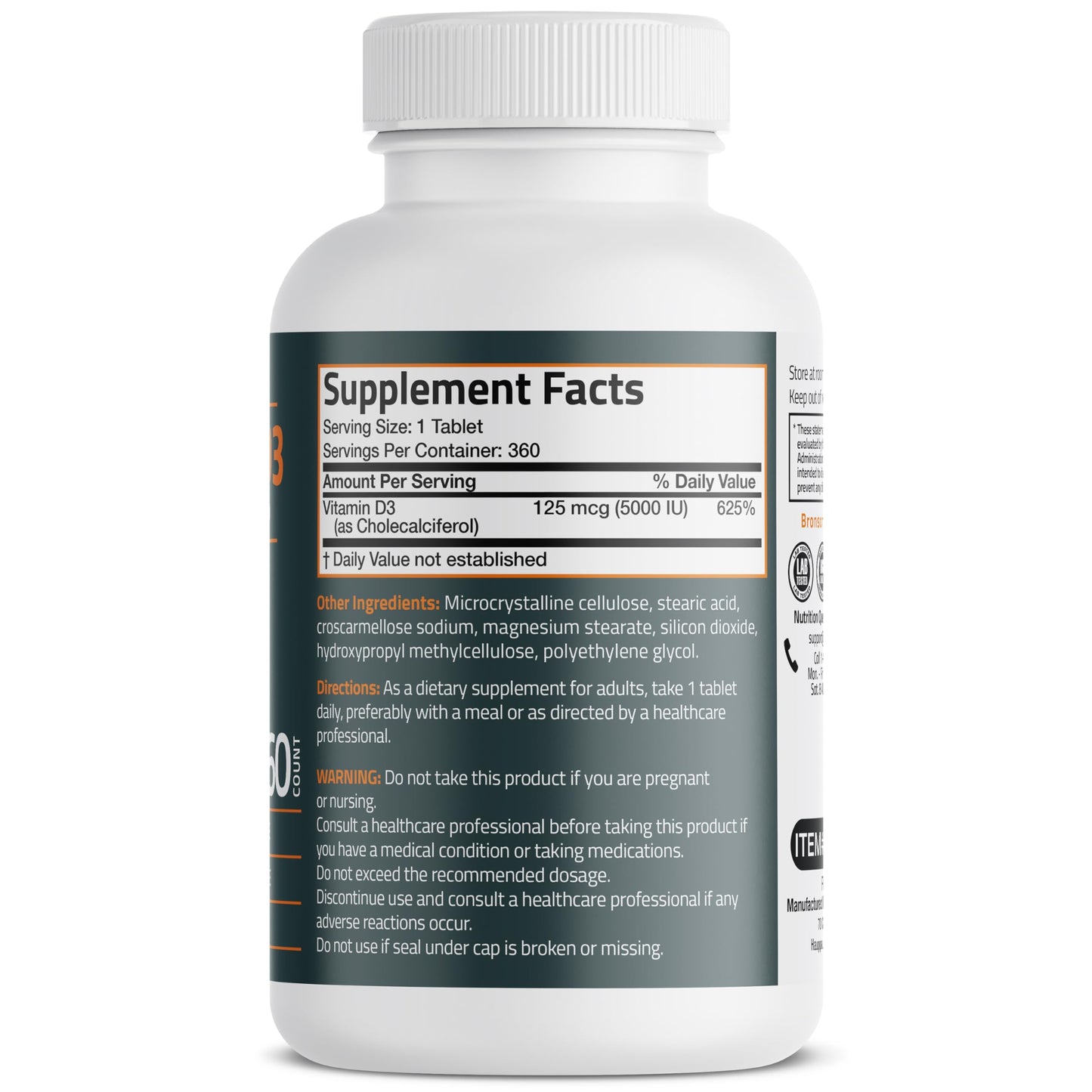 Bronson Vitamin D3 5000iu (125mcg) Healthy Muscle Function and Immune Support, Non-GMO, 360 Tablets Bronson