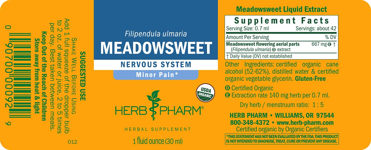 Herb Pharm Certified Organic Meadowsweet Liquid Extract for Minor Pain - 1 Ounce (DMEAD01) Herb Pharm