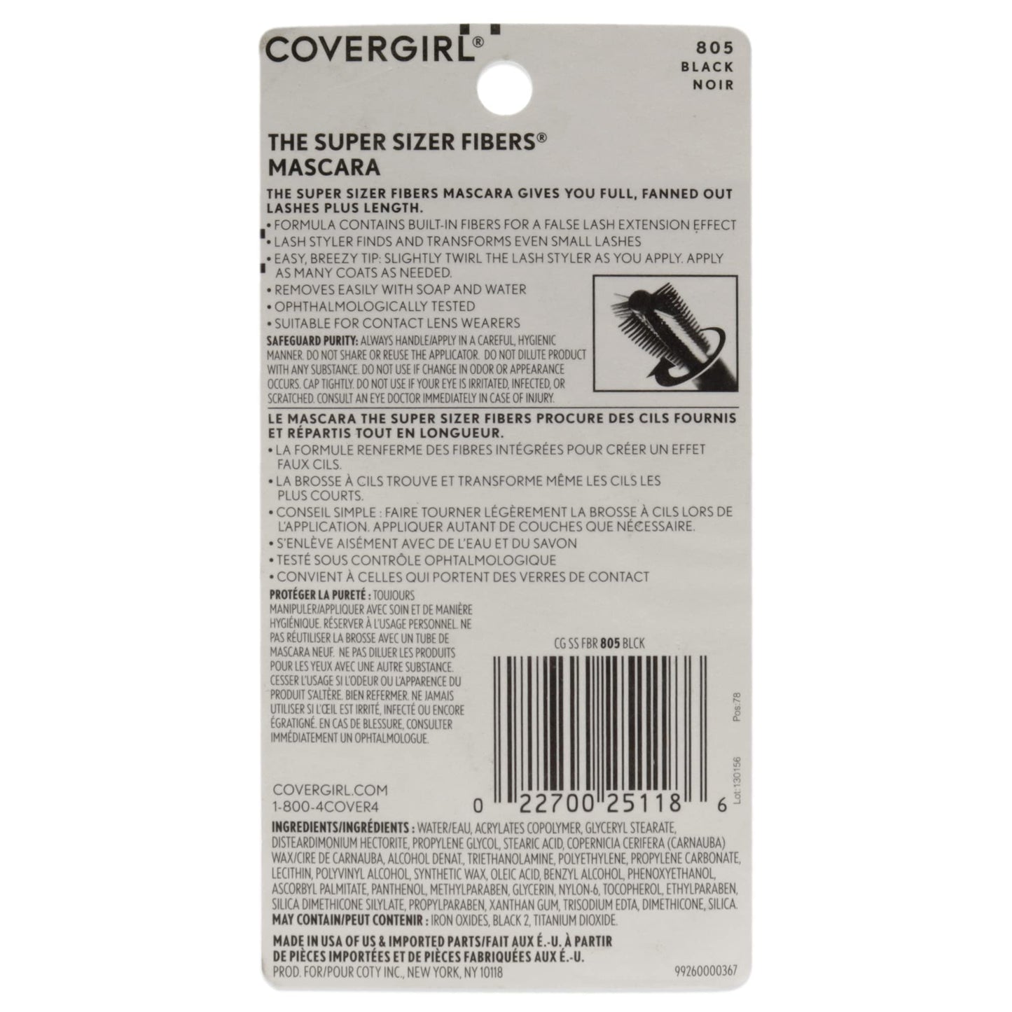 COVERGIRL Super Sizer Fibers Mascara, Black 805, 0.35 Ounce (Packaging May Vary) Volumizing Mascara with Brush COVERGIRL