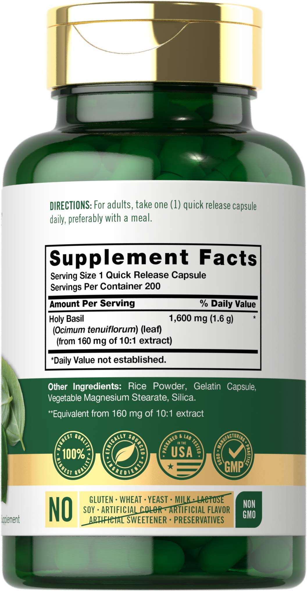 Carlyle Holy Basil Capsules 1600 mg | 200 Count | Tulsi Holy Basil Leaf Extract | Herbal Carlyle
