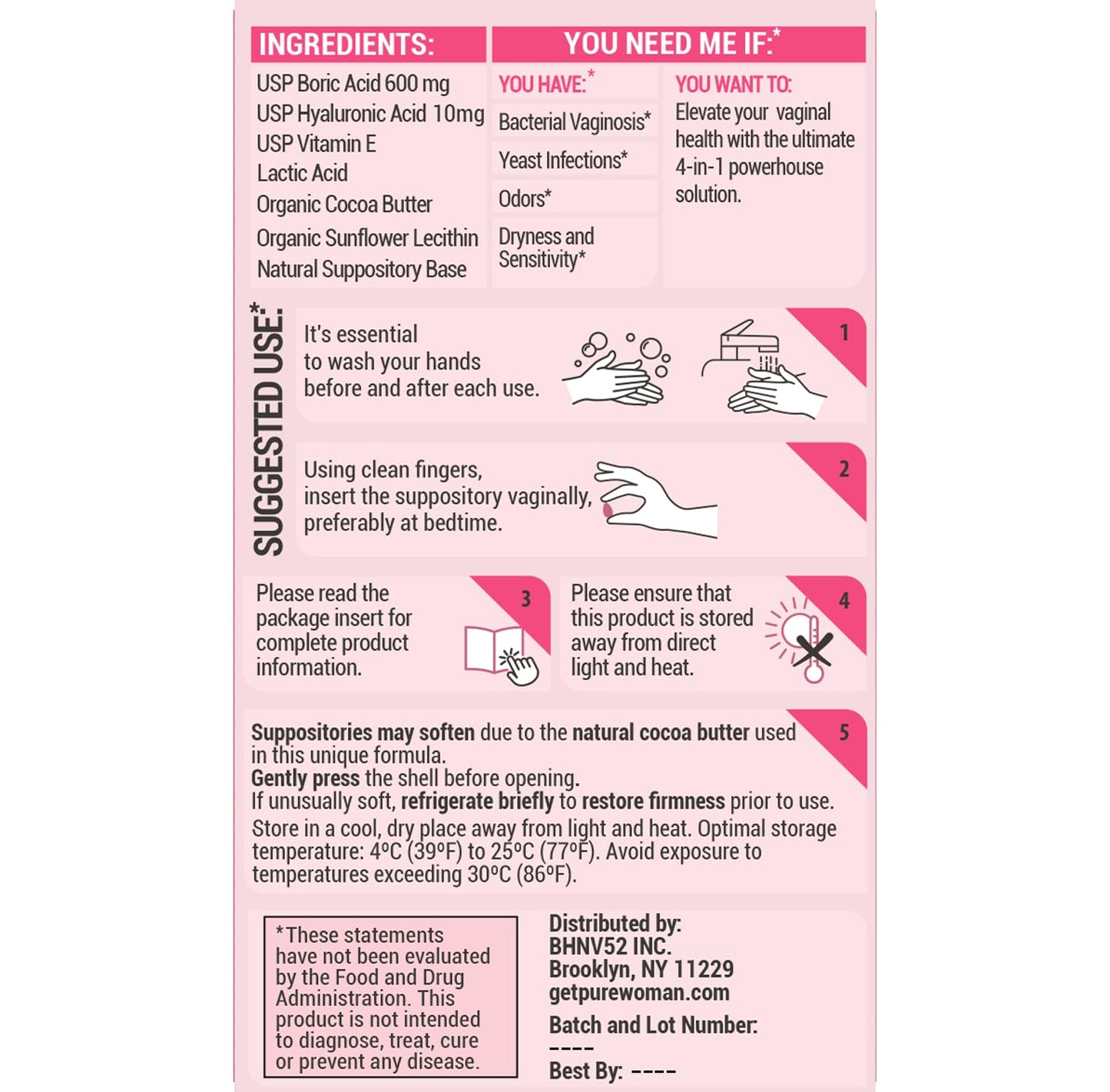 PURE WOMAN - pH-ighter Vaginal Boric Acid Suppositories for Women - Hyaluronic Acid - 4 in 1 Vaginal Suppositories for Discomfort, Dryness, Odor & pH Balance- Full Vaginal Health Care - 10ct PURE WOMAN