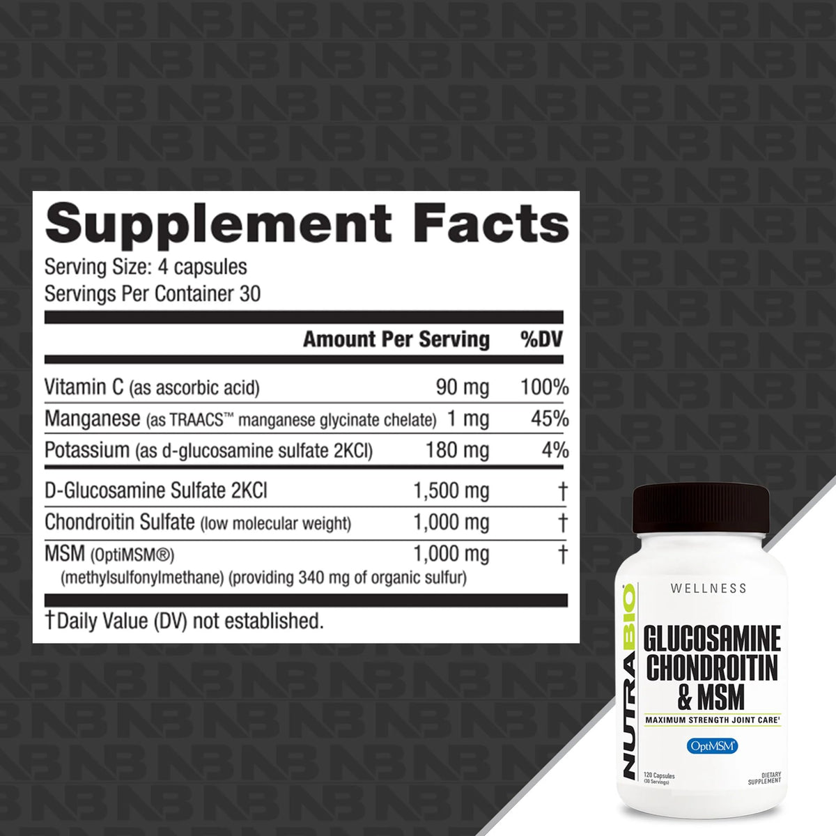 NutraBio Glucosamine Chondroitin & OptiMSM Supplement, Joint Support Formula - 120 Capsules (120 Count) NutraBio