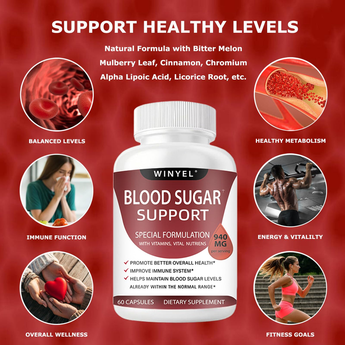 WINYEL Blood Sugar Complex Supplement - with Cinnamon, Bitter Melon, Chromium, Mulberry, Alpha Lipoic Acid, 60 Capsules WINYEL