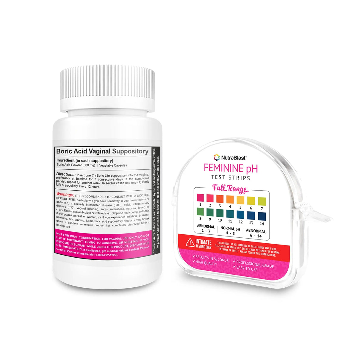 NutraBlast Boric Acid Vaginal Suppositories 600mg (30 Count) & Feminine pH Test Strips 1-14 (100-Tests Roll) | Monitor Feminine Intimate Health | Acidity & Alkalinity Balance NutraBlast