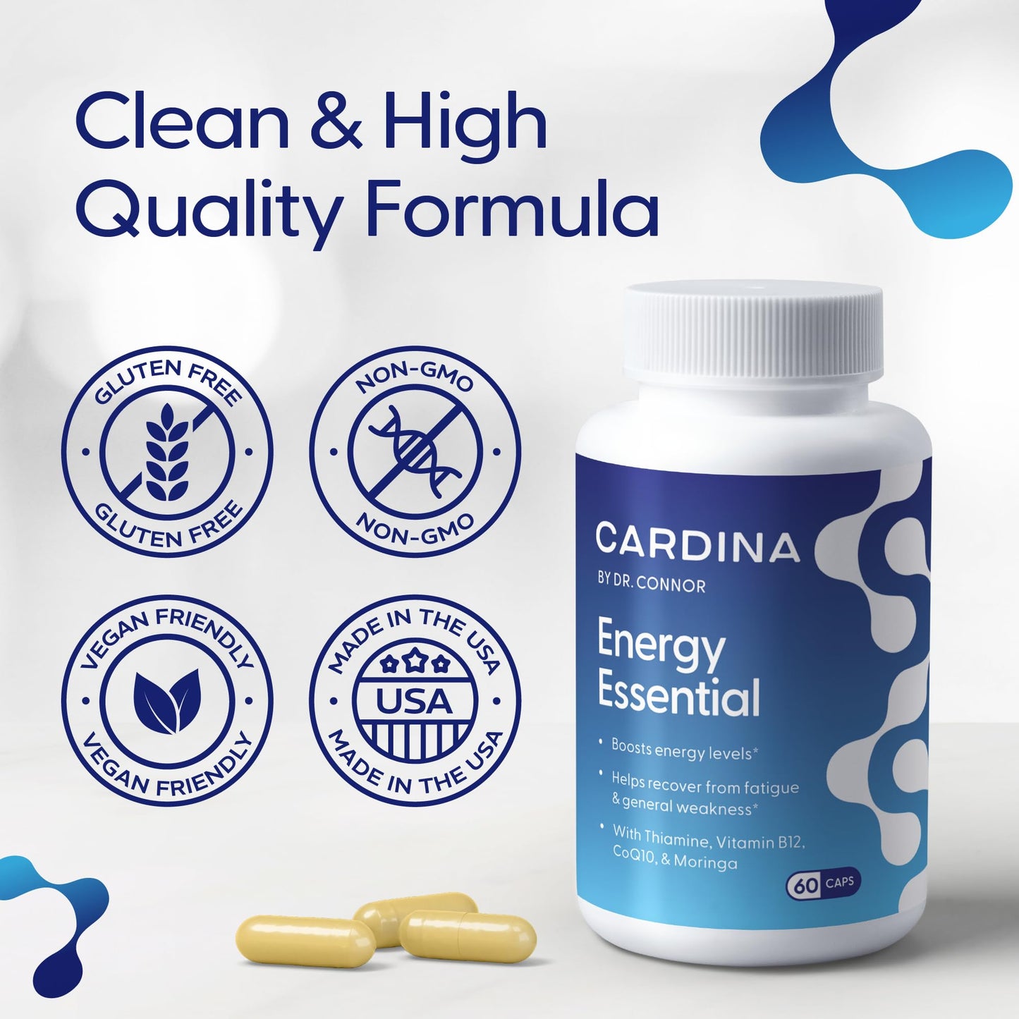 CARDINA B12 Vitamins for Women and Men - Brain Supplements for Memory and Focus with Thiamine B1 Supplement and COQ10 - Brain Memory Support - Non-GMO and Vegan B12 Supplement, 60 Ct CARDINA