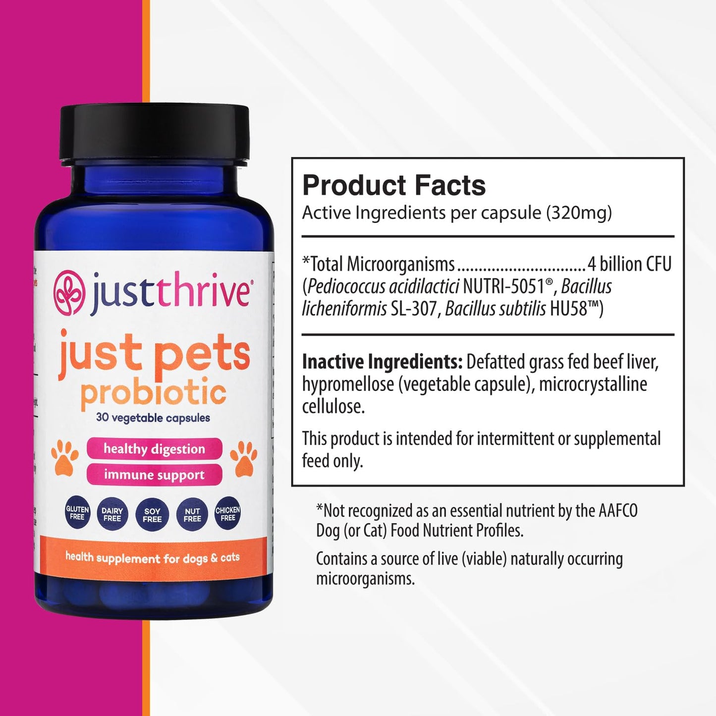 Just Thrive Just Pets Probiotic - Daily Digestive Probiotics for Dogs and Cats - 4 Billion CFUs Pet Probiotic, 30 Capsules Just Thrive