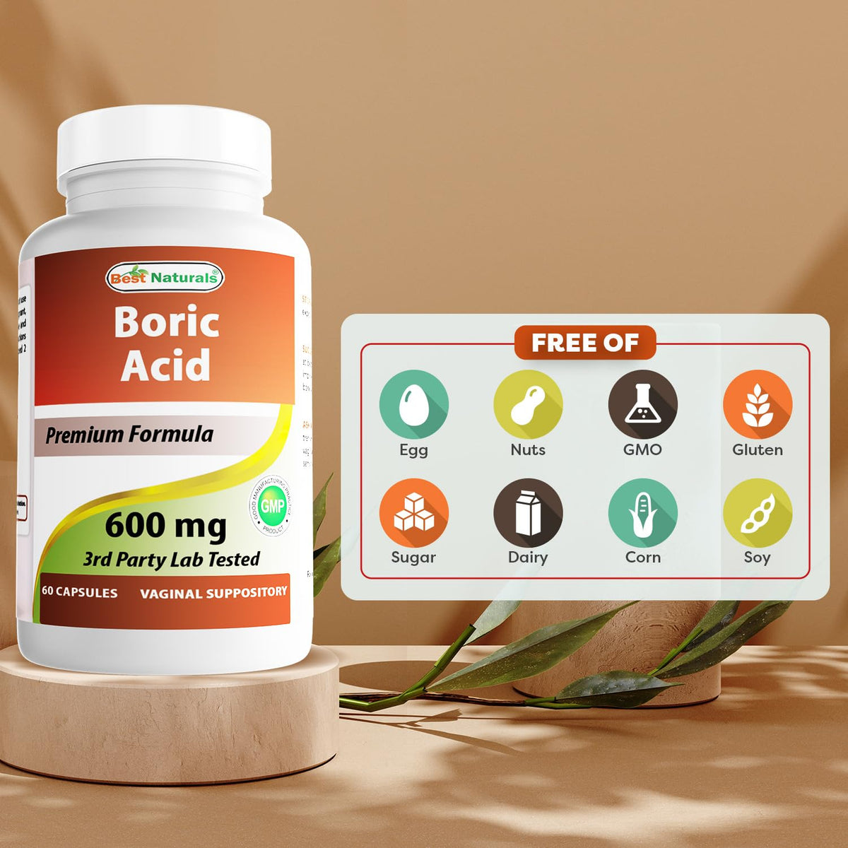 Best Naturals Boric Acid Vaginal Suppositories - Made in USA - USP Medical Grade Fine Powder, Easy Dissolve, Third Party Tested - 60 Count Best Naturals
