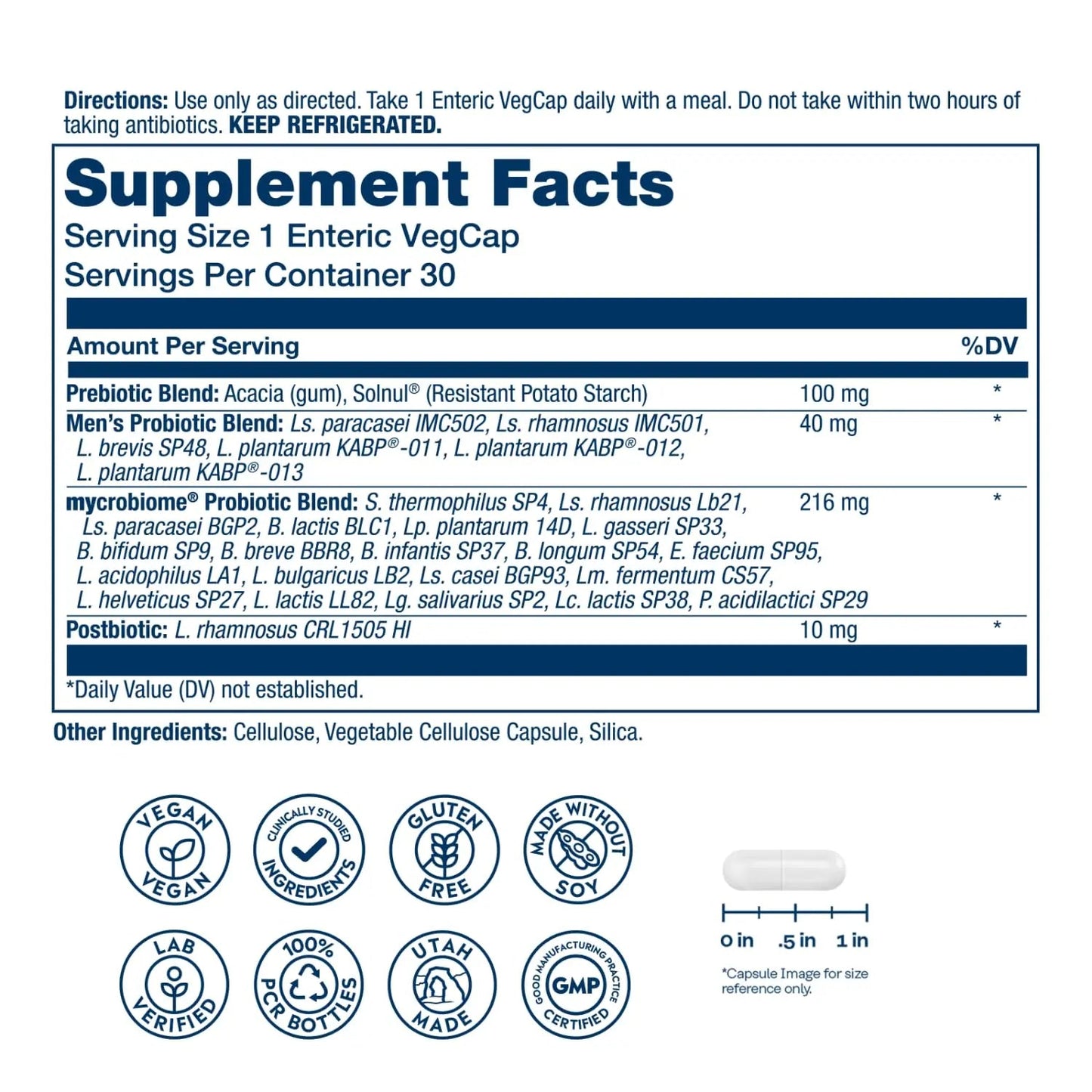 SOLARAY Mycrobiome Complete Probiotic Men's Formula - Pre and Probiotics for Men Plus Postbiotic - Digestive Health and Immune Support - 50 Billion CFU, 26 Strains - Vegan - 30 Servings, 30 VegCaps SOLARAY