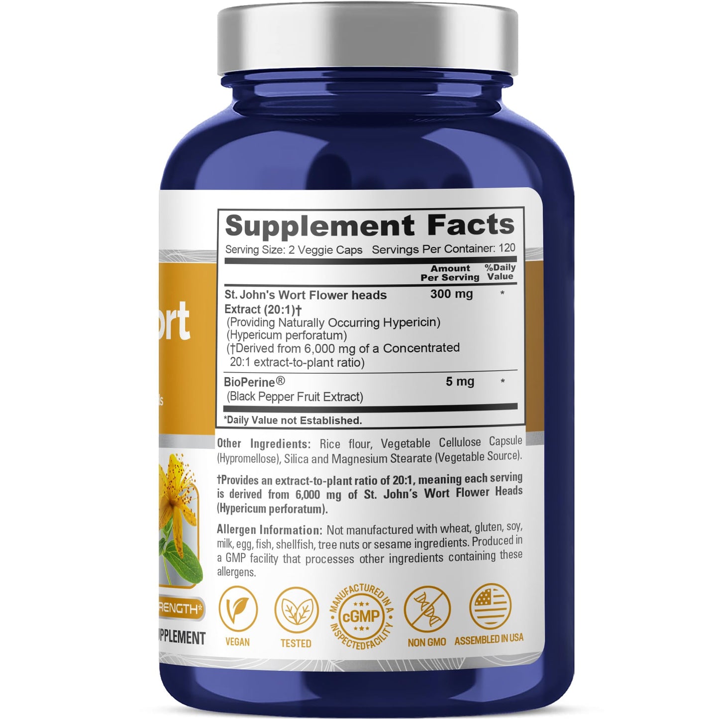 NusaPure St. John's Wort 20:1 Extract, 300 mg Equivalent to 6,000mg 240 Veggie Capsules (Vegetarian, Non-GMO & Vegan) Bioperine NusaPure