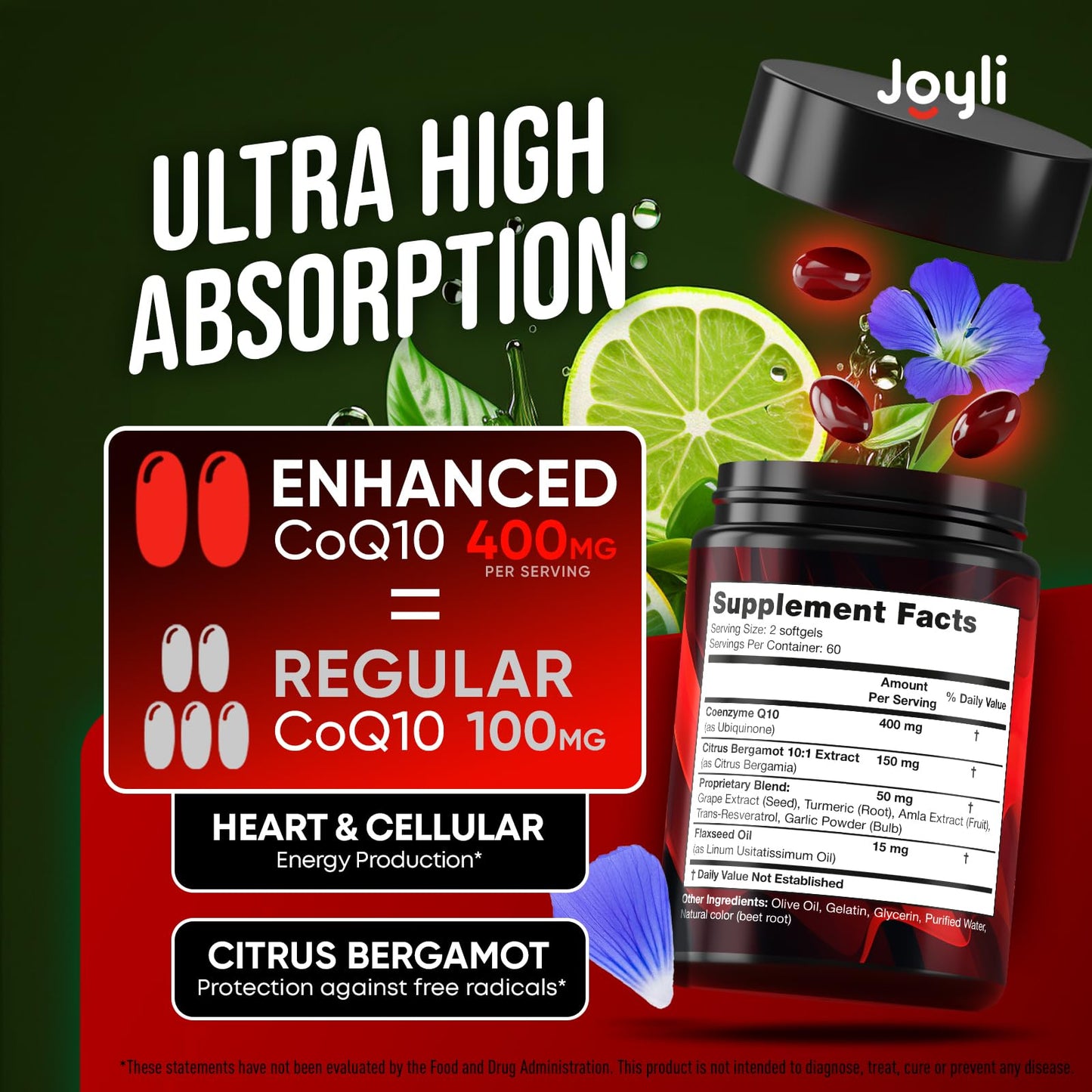 CoQ10 400mg Softgels - High Absorption Co Q10, 400mg Softgels for Heart Health & Energy Production - Enhanced Co Q 10 Supplement with Antioxidants and Flaxseed Oil - CoQ10 400 mg per Serving JOYLI Nutrition