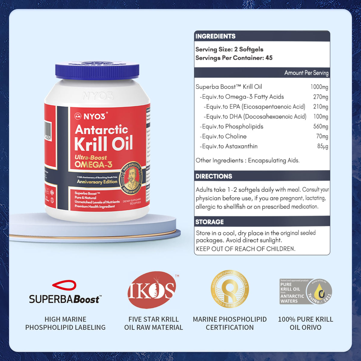 NYO3 Antarctic Krill Oil 1000mg Omega 3 Supplement, EPA & DHA, 90 Softgels Astaxanthin NYO3