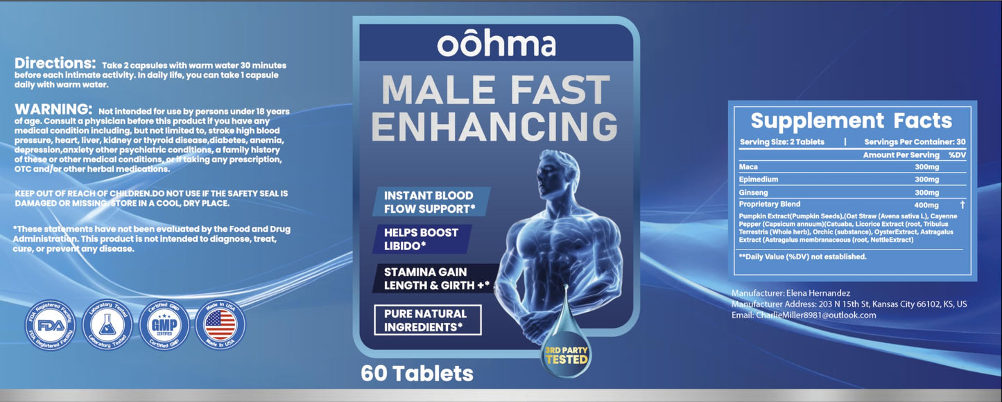 Oohma New Male Enhancing Supplement, Designed to be Fast Acting for Blood Flow to Gain Length & Girth + Stamina, Maca, Epimedium, and Other Natural Ingredients, 3rd Party Tested Supplement 60 Tablets Oohma