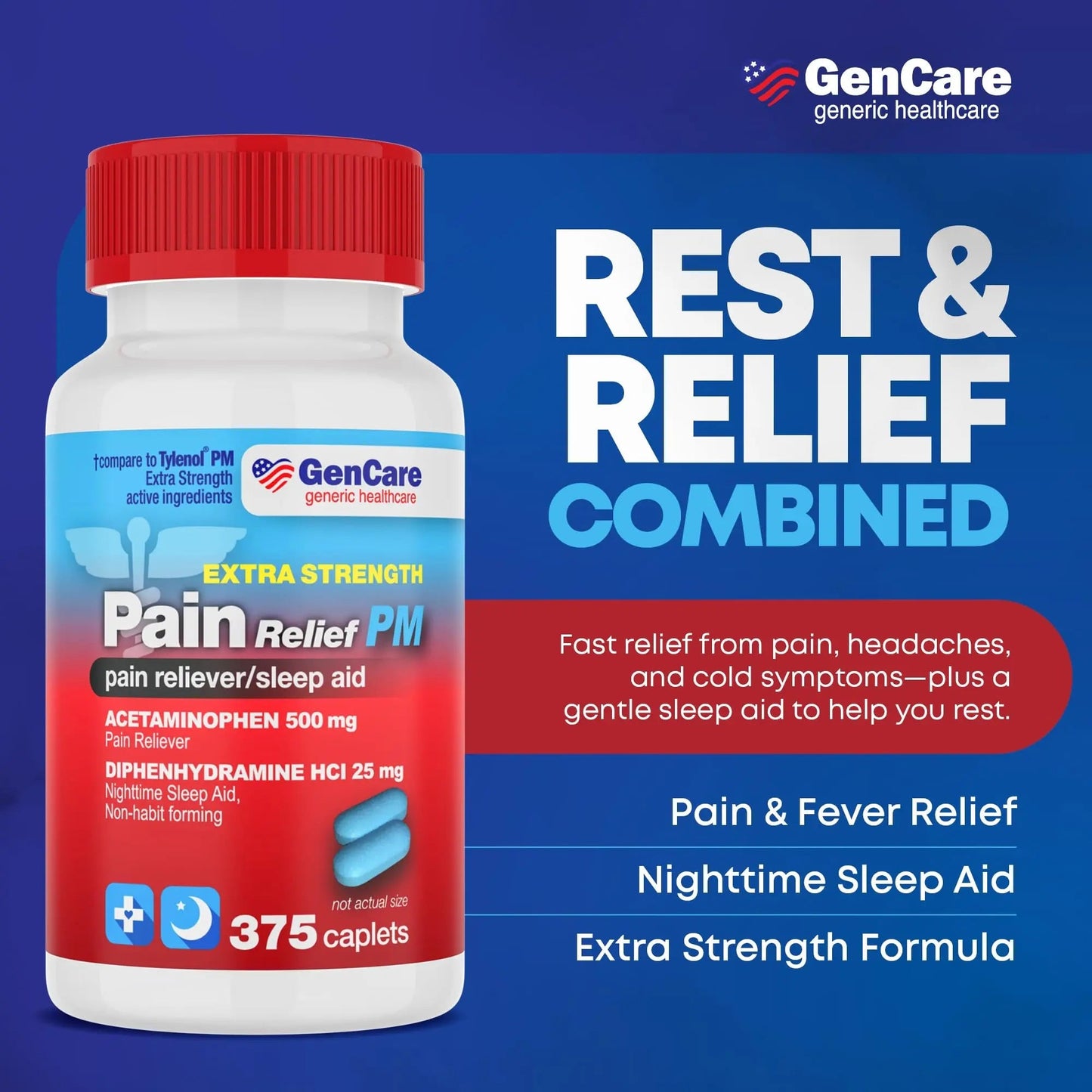 GenCare Extra Strength Acetaminophen PM 500 mg (375 Tablets) | Ultimate Pain Relief & Sleep Support for Adults | Quick Acting & Non Habit Forming Headache Relief | Eases Aches & Joint Discomfort GenCare