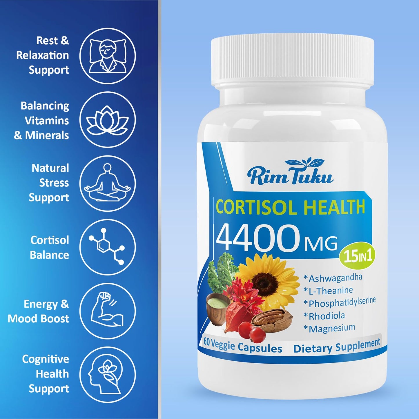 RimTuku Cortisol Supplements for Women & Men -15-in-1 Cortisol Detox for Women, Cortisol Manager & Reducer with Ashwagandha, Rhodiola Rosea Supports Stress Relief, Adrenal Balance, 120 Capsules RimTuku