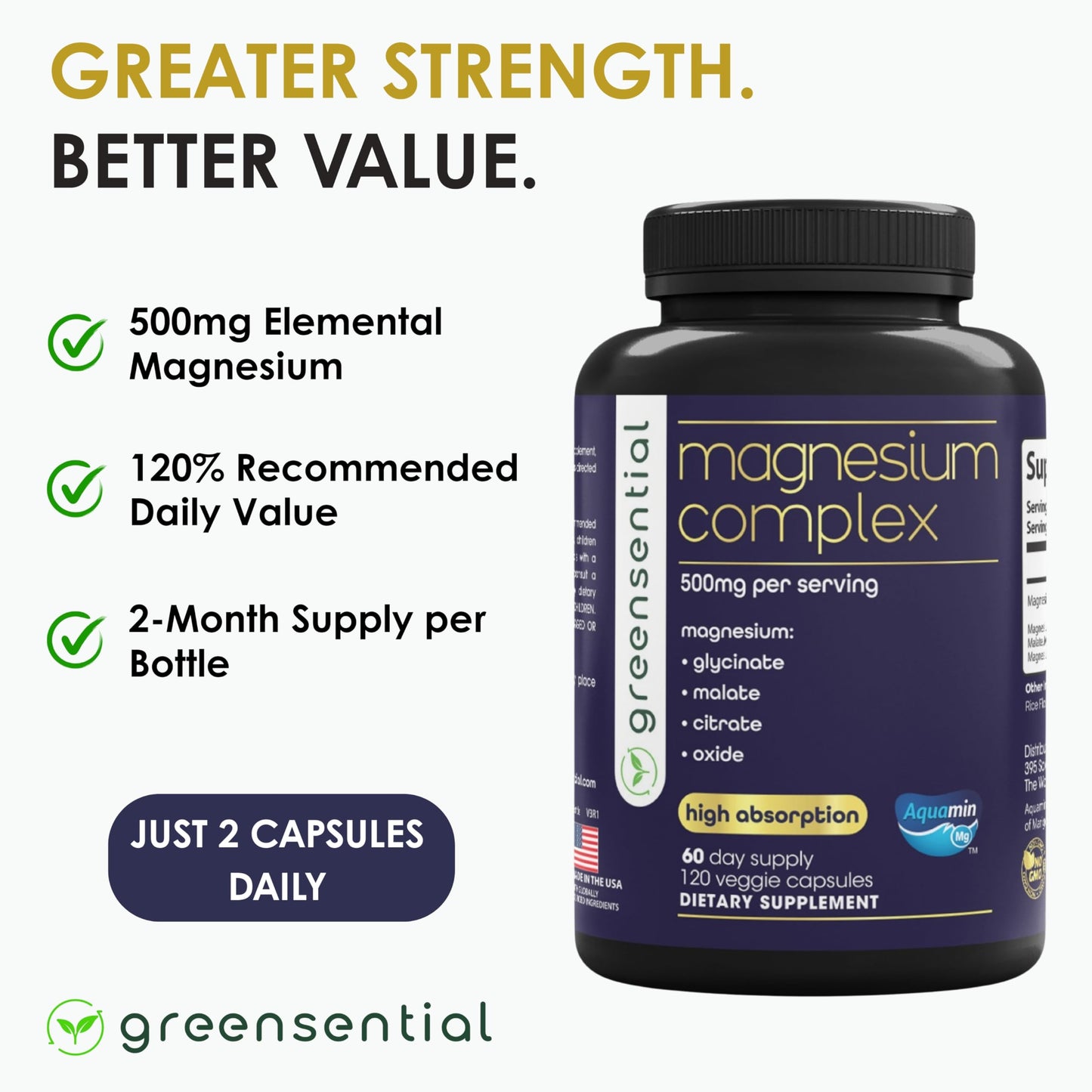 Greensential 5-in-1 Magnesium Complex 500mg | Glycinate, Malate, Citrate, Oxide & Aquamin® | for Sleep, Muscle & Heart Support | High Absorption, Vegan, 120 Capsules Greensential