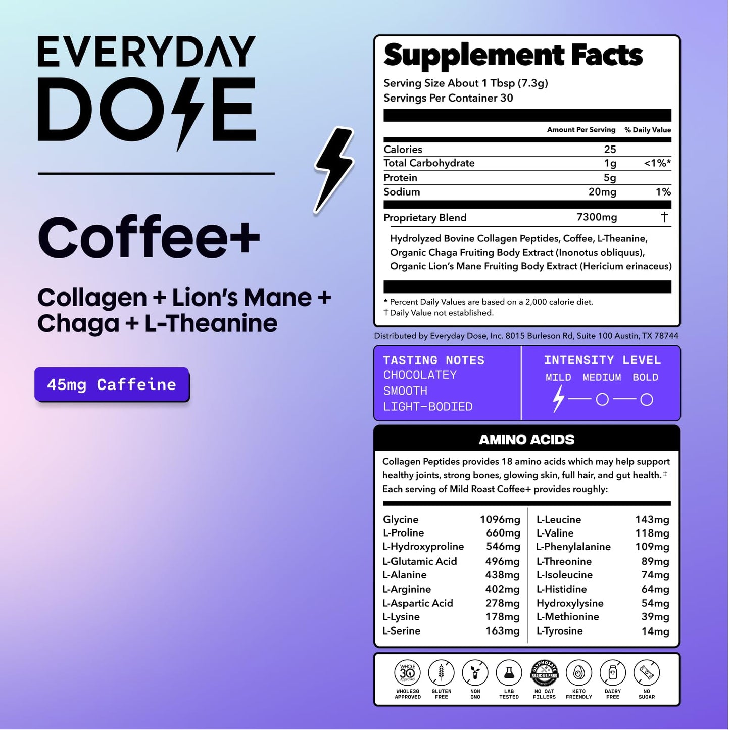 Everyday Dose Premium Adaptogenic Mushroom Coffee with Grass-Fed Collagen, Chaga, Lions Mane & L-Theanine for Better Focus, Energy, Digestion, Skin, and Immunity 30 Servings Everyday Dose