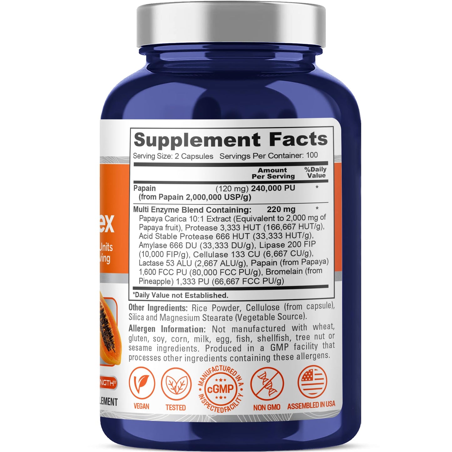 NusaPure Papaya Papain Enzyme Complex 240,000 PU - 200 Veggie Caps - Suitable for Vegetarian, Vegan Non-GMO NusaPure