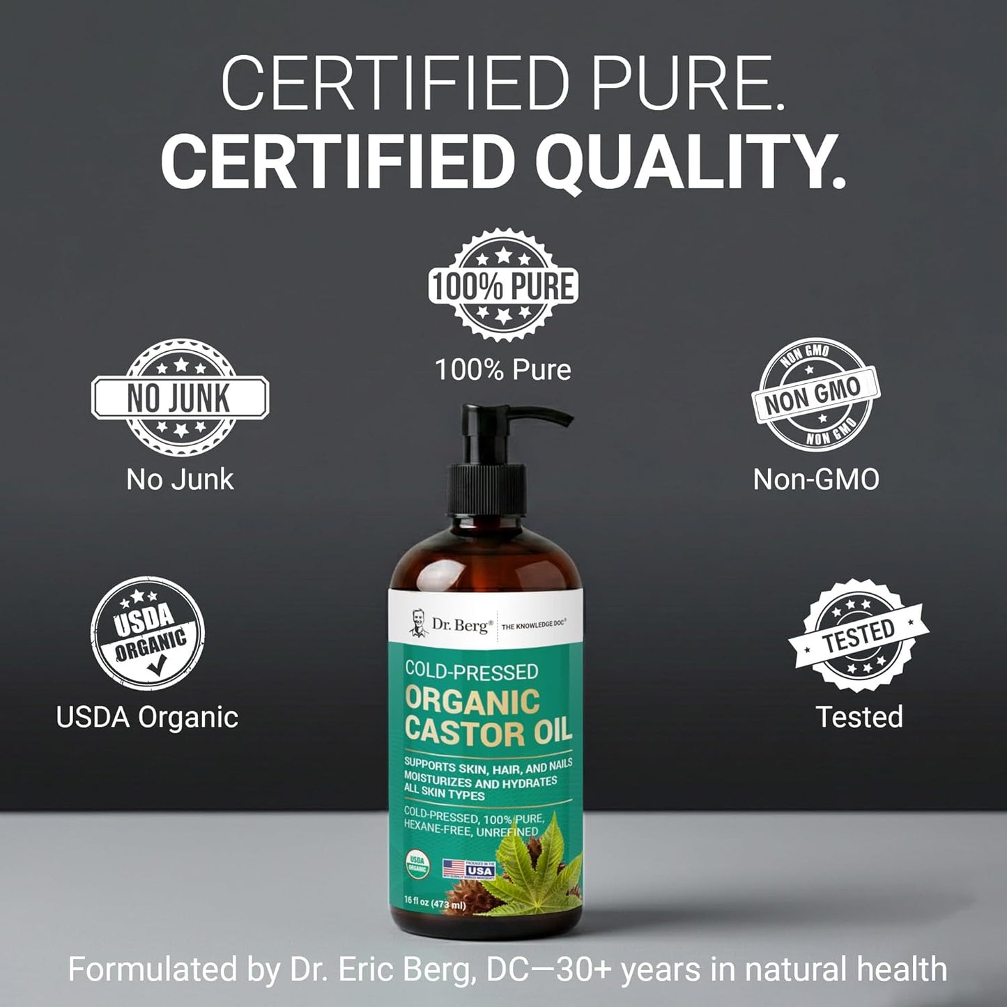 Dr. Berg Organic Castor Oil – 16 fl oz Cold-Pressed Oil – Pure, Unrefined, Single Ingredient – Sourced in India, Bottled in USA – Lab Tested, USDA Organic, Glass Bottle Gsupps Australia