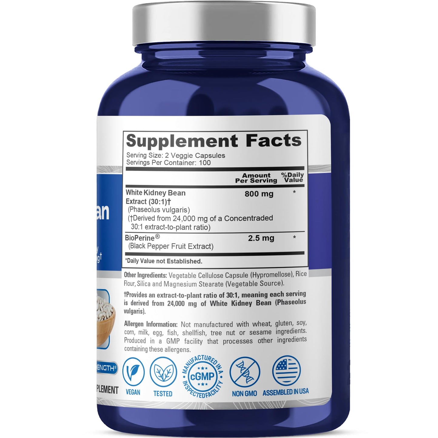 NusaPure White Kidney Beans 30:1 Extract, 800 mg Equivalent to 24,000 mg 200 Vegan Capsules - Bioperine - (Vegan, Non-GMO) NusaPure