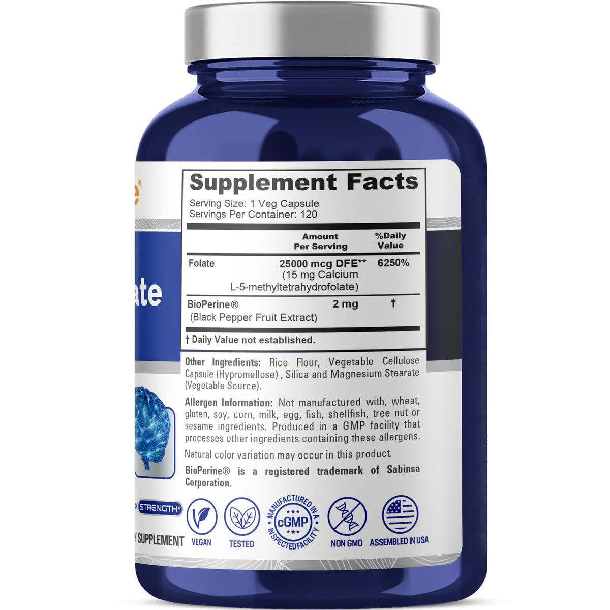 NusaPure L Methylfolate 15mg, 120 Veggie Capsules, Bioperine & Vegan NusaPure