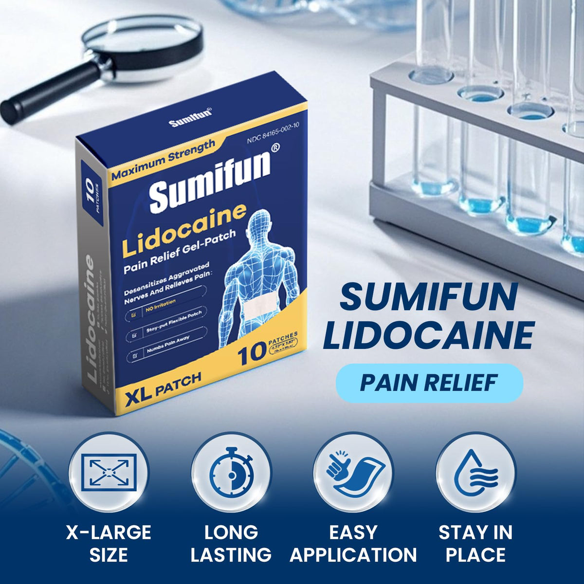 Sumifun 4% Lidocaine XL Pain Patches | Extra Large 4.72"x7.87" for Full Back & Thigh Coverage | Maximum Strength OTC Numbing | 8-Hour Medical Adhesion (X-Large, Count, 10) Sumifun