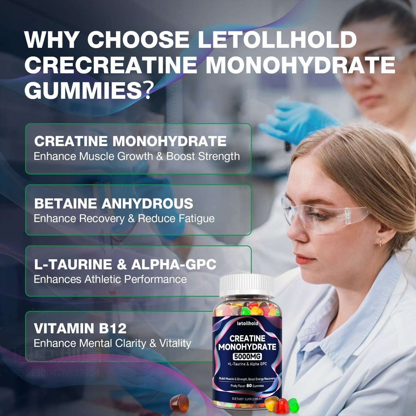 Creatine Monohydrate Gummies 5g for Women & Men - Creatine Gummies for Women Pre Workout Chewables with L-Taurine & Alpha GPC, Sugar-Free Muscle Builder, Energy Boost, Vegan Non-GMO (160 Count) letollhold