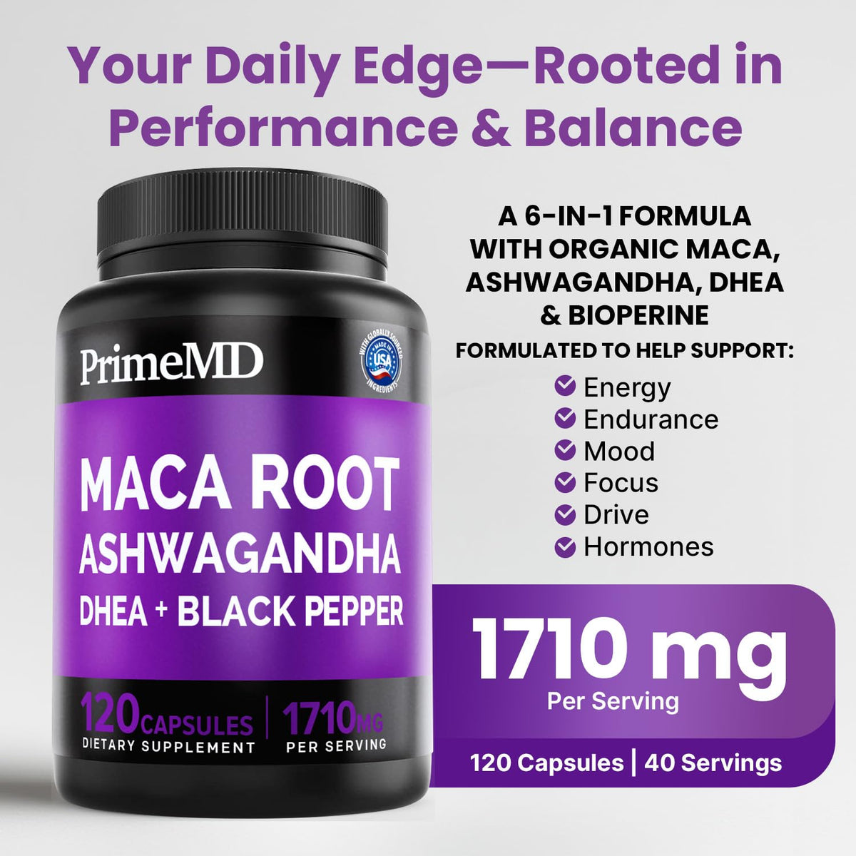 6-in-1 Organic Maca Root Ashwagandha Capsules 1710mg with DHEA and Black Pepper Fruit Extract for Women and Men - Black Maca Supplement for Stamina, Bone and Mood Support Supplement, 120ct (Pack of 3) PrimeMD