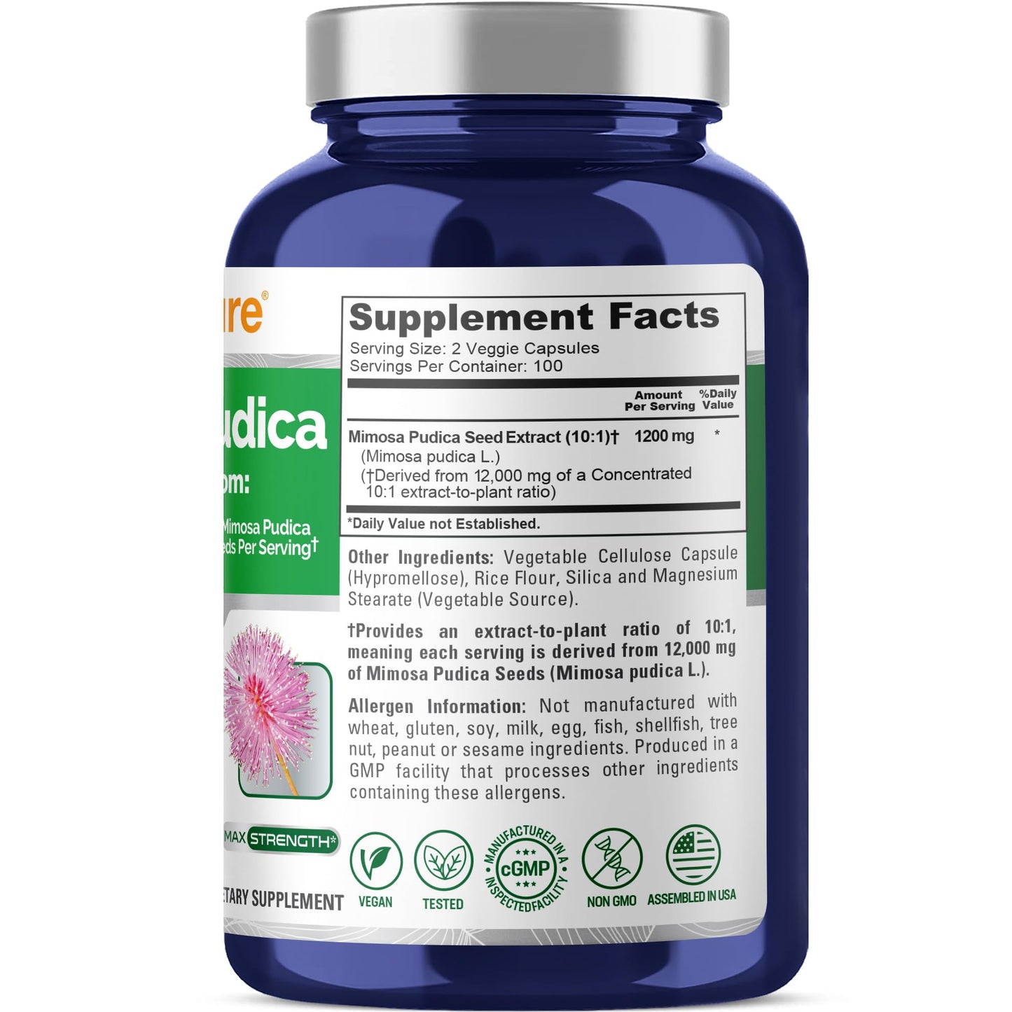 NusaPure Mimosa Pudica Seed 10:1 Extract, 1200 mg Equivalent to 12,000 mg 200 Veg Capsules (Non-GMO, Vegan) NusaPure