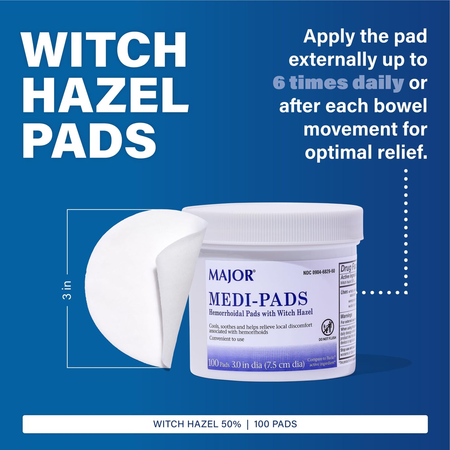 MAJOR Medi-Pads - Hemorrhoidal Hygienic Cleansing Witch Hazel Pads - Cooling Relief with Aloe - 100 Count Jar (1 Pack) MAJOR
