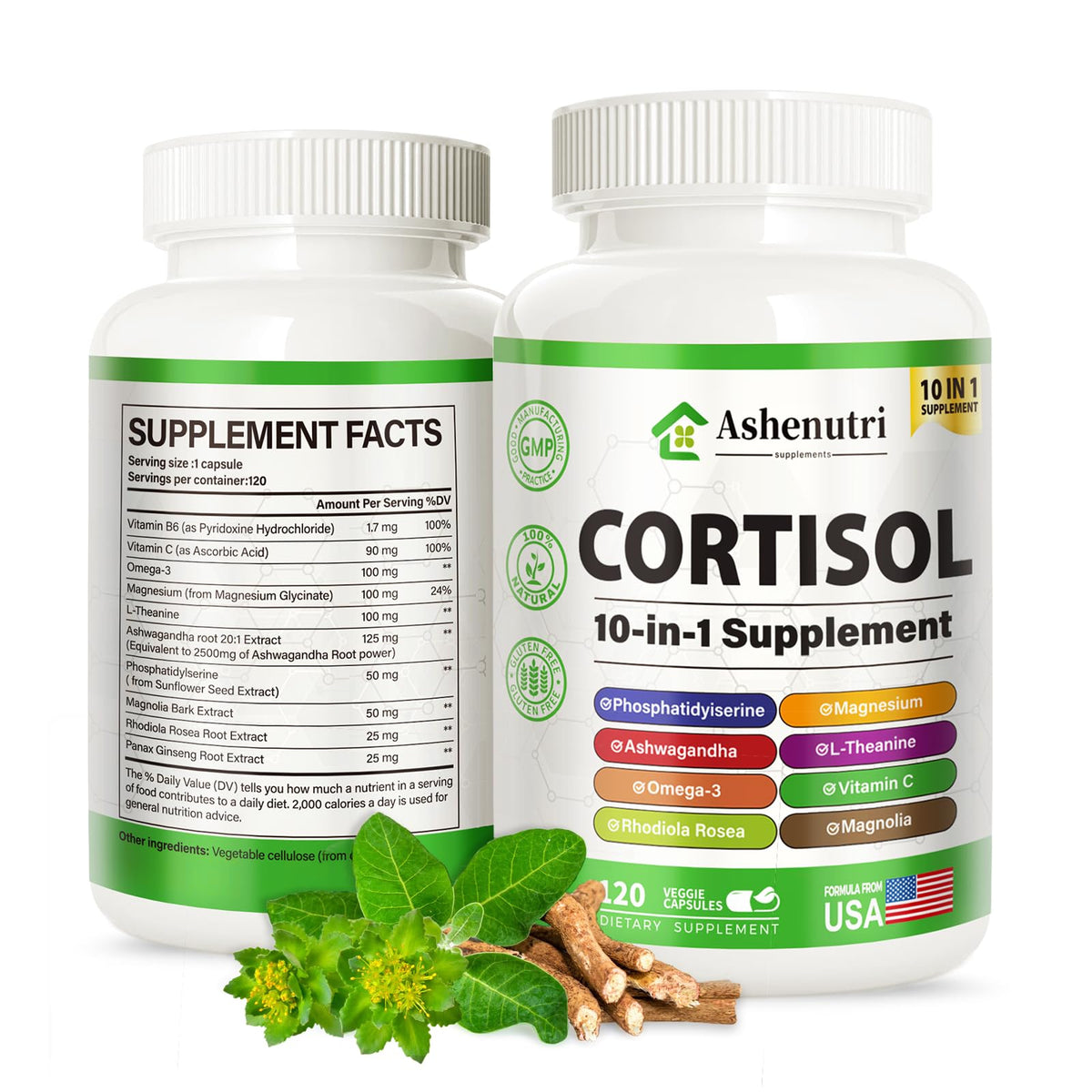 Ashenutri 10-in-1 Cortisol Supplement with Magnesium,Ashwagandha,Rhodiola Rosea,L Theanine,Hormone Balance for Women 120 Vegan Capsules Ashenutri