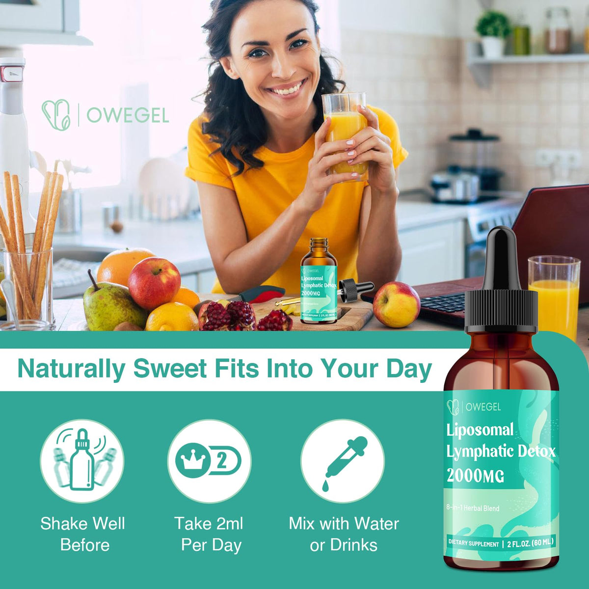 owegel Liposomal Lymphatic Drainage Drops 2000mg – Immune & Lymph System Support – Lymphatic Detox and Cleanse with Echinacea, Red Clover, Dandelion & Cleavers – Sugar-Free, Alcohol-Free – 2 FL OZ owegel