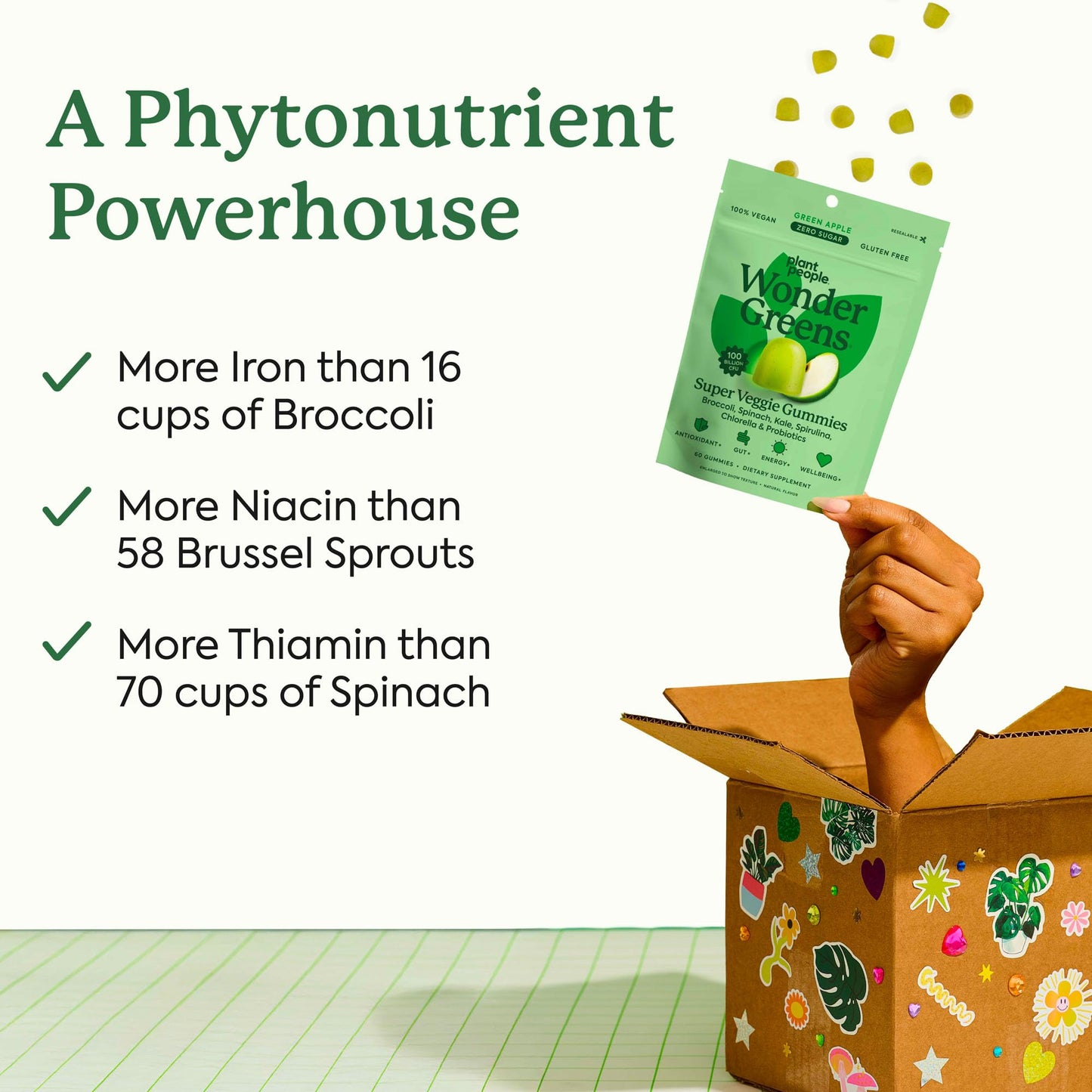 Plant People WonderGreens Veggie Gummies Super Greens with Probiotics Multivitamin Support Gummy for Wellbeing, Energy, Immune and Gut Health, Green Apple Flavor (60 Count) Plant People