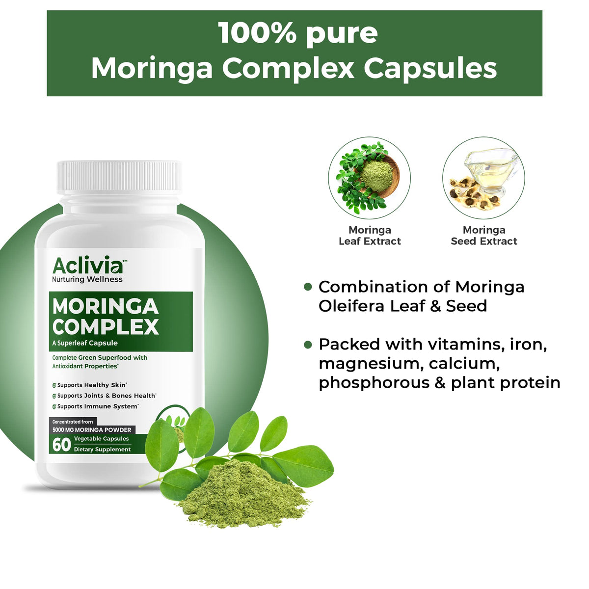Aclivia - Moringa Complex - Maximum Strength Moringa Oleifera Leaf & Seed Supplement - Superfood Capsules with Antioxidant Properties - 5000mg - 60 Capsules Aclivia