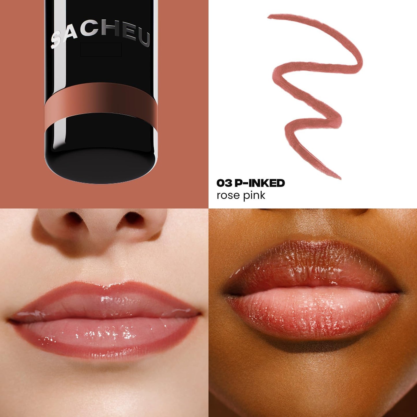 Sacheu Lip Liner STAY-N Peel Off Lip Stain — Long Lasting Waterproof Lip Tint with Hyaluronic Acid & Vitamin E — Transfer Proof Matte Finish, Vegan & Cruelty-Free (p-INKED) Sacheu