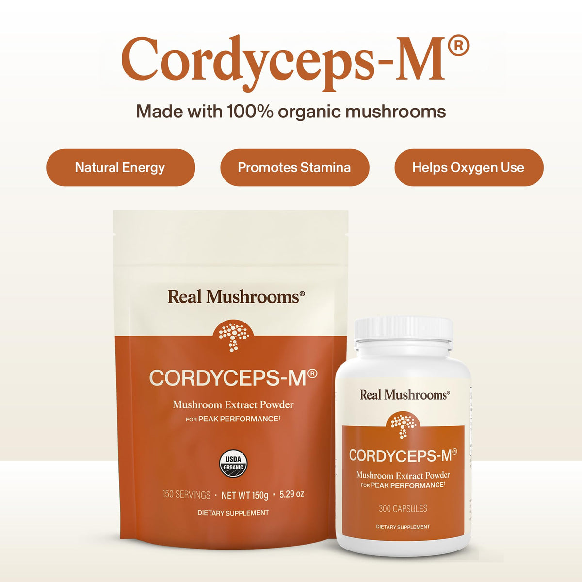 Real Mushrooms Capsules Supplements - Organic Cordyceps Mushroom Powder in Capsules - Energy and Performance Mushrooms with Verified Beta Glucans - Vegan, Non-GMO, 300 Capsules Real Mushrooms