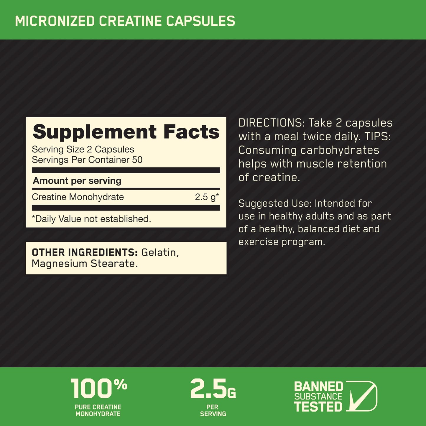 Optimum Nutrition Micronized Creatine Monohydrate Capsules, Keto Friendly, 2500mg, 100 Capsules Optimum Nutrition
