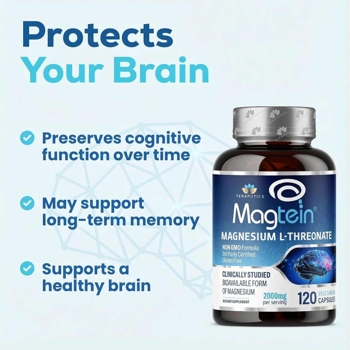 Magnesium L Threonate, Magtein, Brain Supplement for Memory, Focus, Sleep and Cognitive Support, High Absorption Magnesium L-Threonate, Non-GMO Teraputics