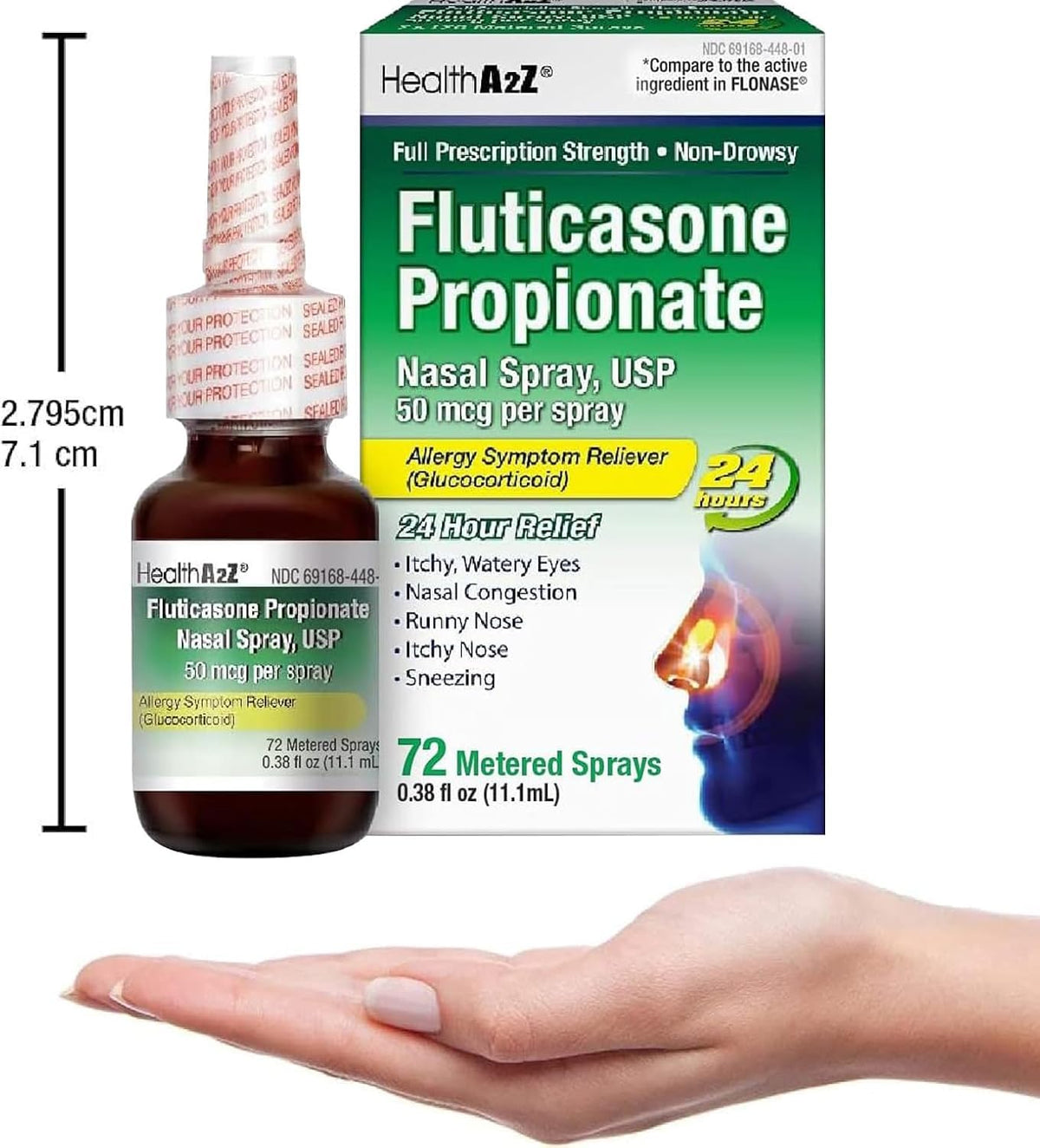 HealthA2Z® Allergy Relief, Fluticasone Propionate 50mcg, Nasal Spray, 24-Hour Allergy Relief, Nasal Decongestant, Dye Free, 72 Sprays (0.38 fl oz) HealthA2Z
