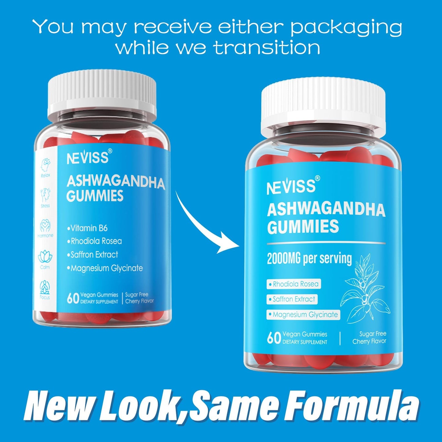 Sugar Free Ashwagandha Gummies - with Magnesium Glycinate, Rhodiola Rosea, Zinc, Lemon Balm, B6 - Relaxation Support, Natural Zzz, Stamina, Energy for Men Women - 60 Counts NEVISS